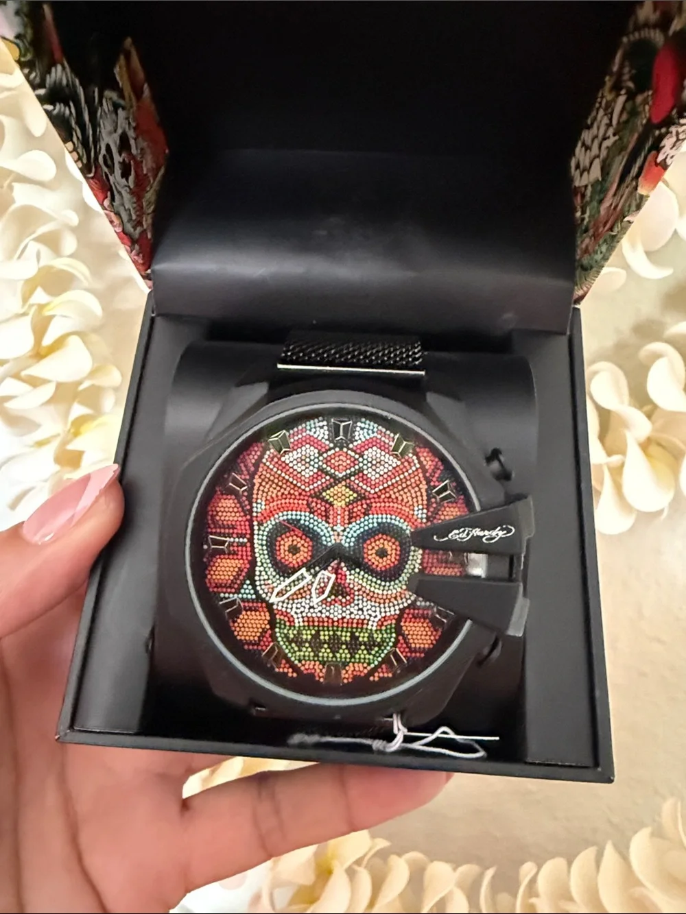 Ed Hardy Multicolor Skull Mosaic Mesh Strap Watch